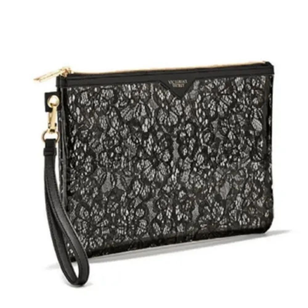 🔥NWT Victoria's Secret Black Floral Lace Large Clutch/Wristlet